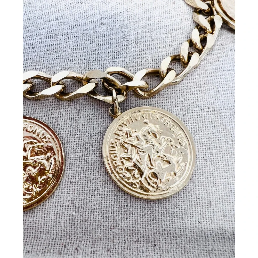 Vintage Gold Tone Curb Chain Coin Belt Statement Medallion Charms Adjustable